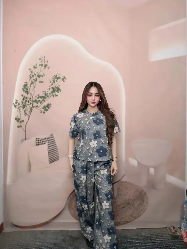 FADFAD Setelan atasan blouse lengan pendek dan celana motif kotak kotak untuk wanita