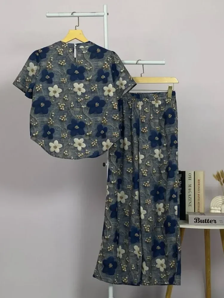 FADFAD Setelan atasan blouse lengan pendek dan celana motif kotak kotak untuk wanita