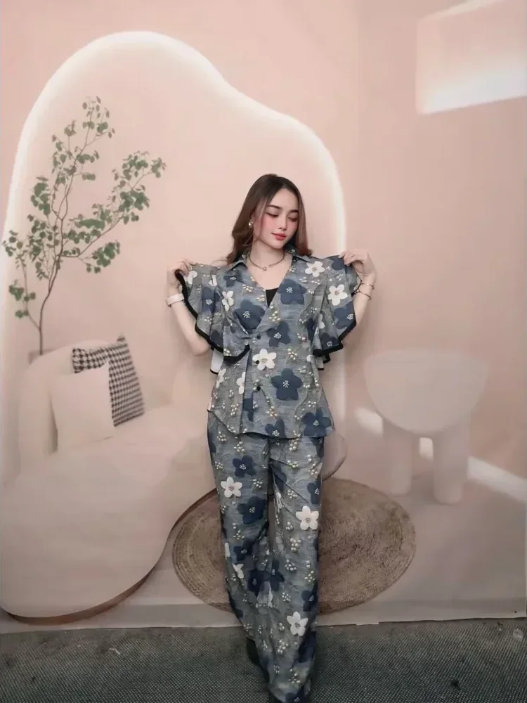 [NEW]FADFAD Set kemeja dan celana panjang wanita modis dengan potongan slim-fit dan motif cetak