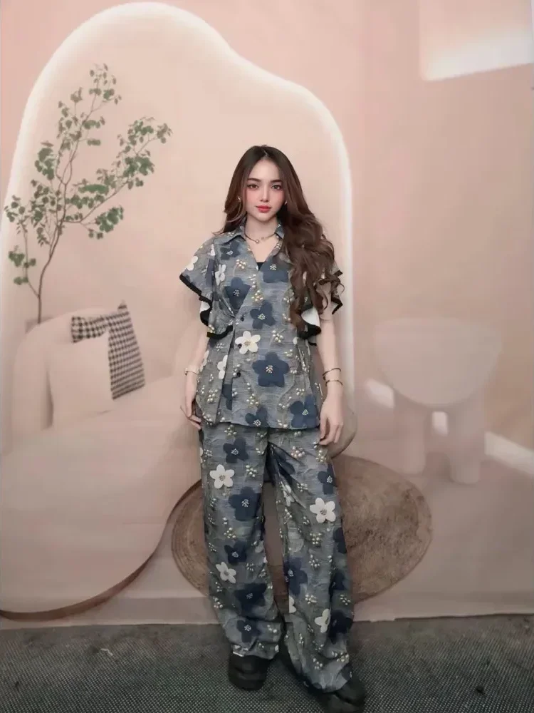 [NEW]FADFAD Set kemeja dan celana panjang wanita modis dengan potongan slim-fit dan motif cetak