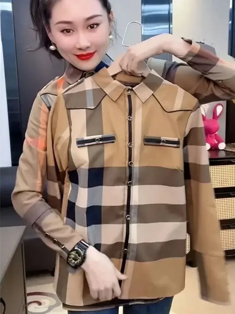 FADFAD Atasan kemeja berkerah polo lengan panjang dan motif kotak kotak