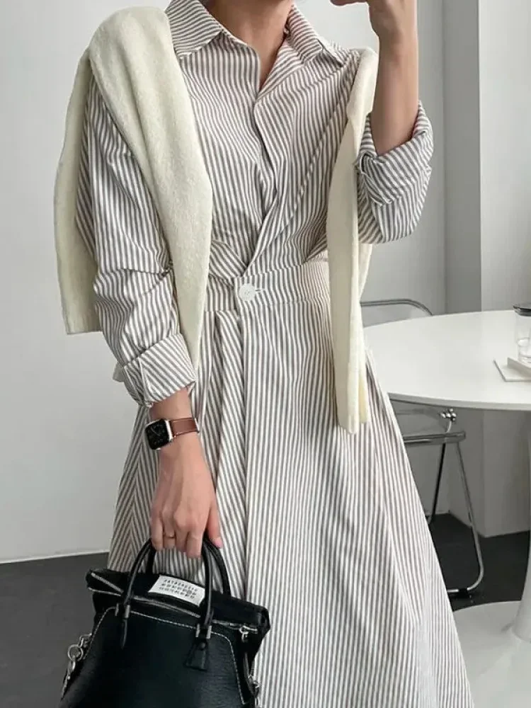 [NEW]FADFAD Gaun wanita motif bergaris rok panjang berkerah lengan panjang gaya kasual