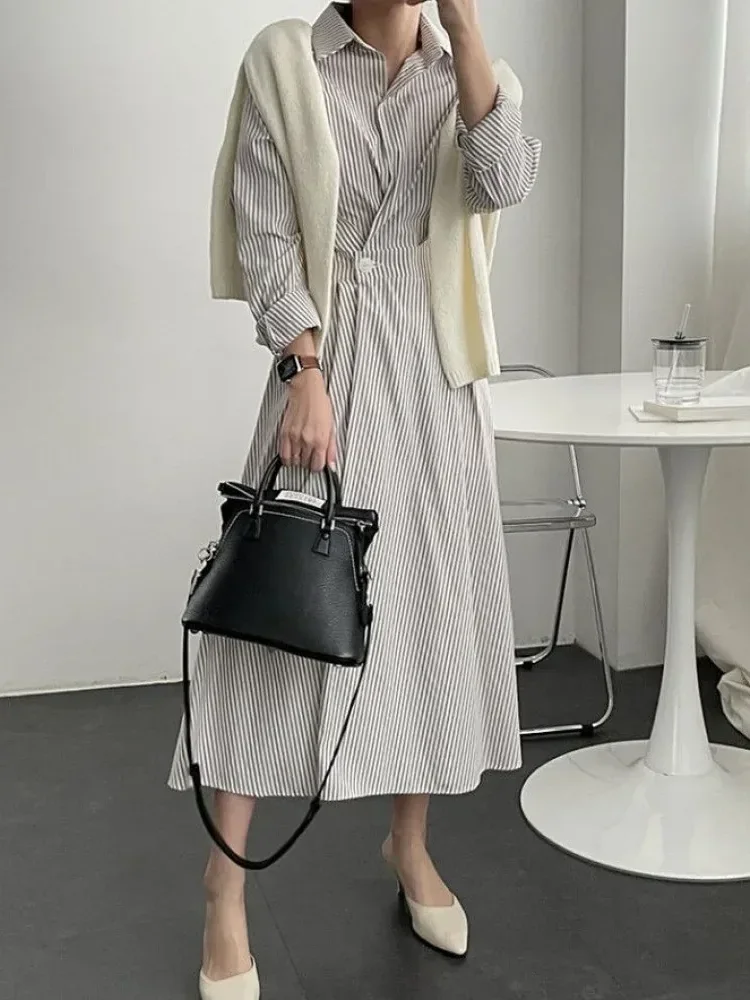 [NEW]FADFAD Gaun wanita motif bergaris rok panjang berkerah lengan panjang gaya kasual