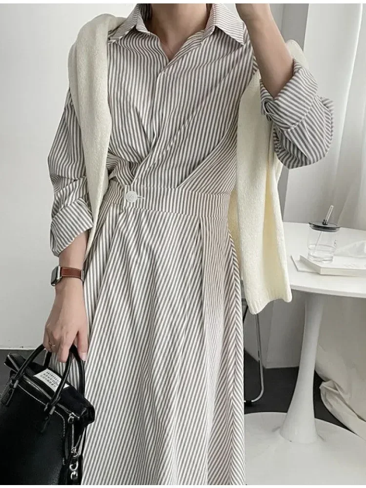 [NEW]FADFAD Gaun wanita motif bergaris rok panjang berkerah lengan panjang gaya kasual