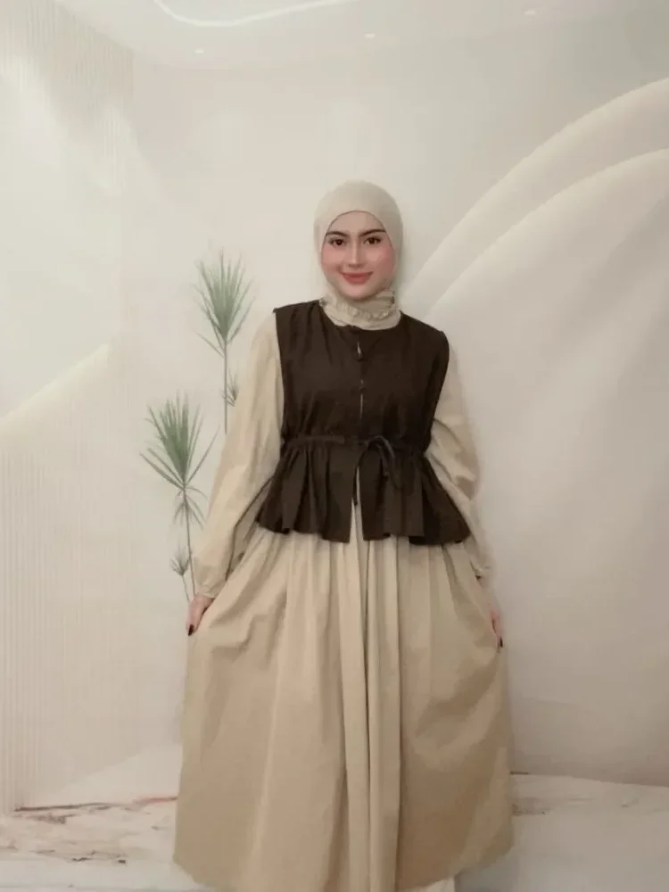 CHICMORE Setelan gaya manis dengan rompi pinggang serut dan gaun lengan panjang