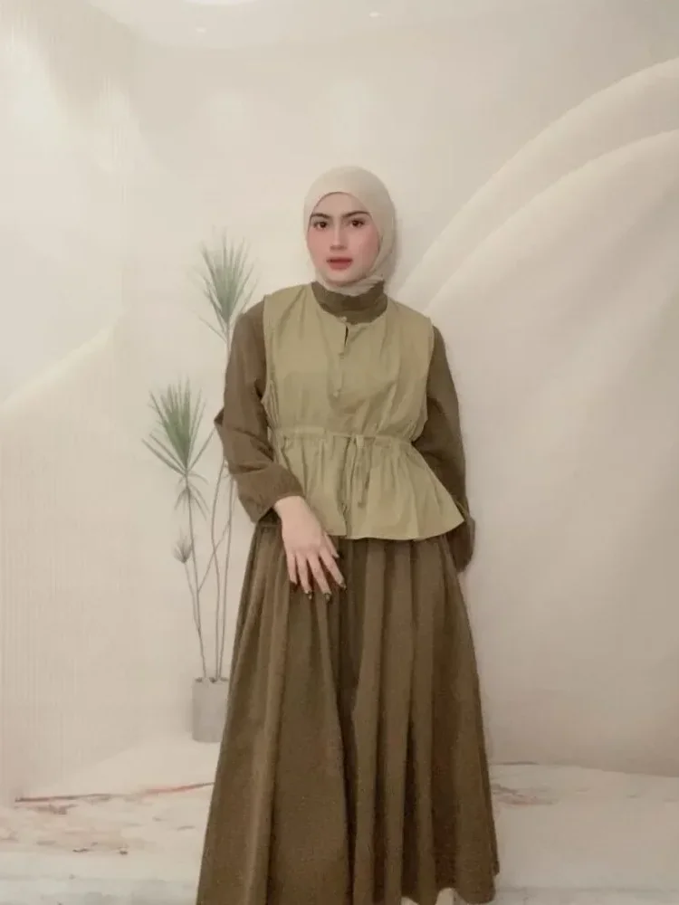 CHICMORE Setelan gaya manis dengan rompi pinggang serut dan gaun lengan panjang