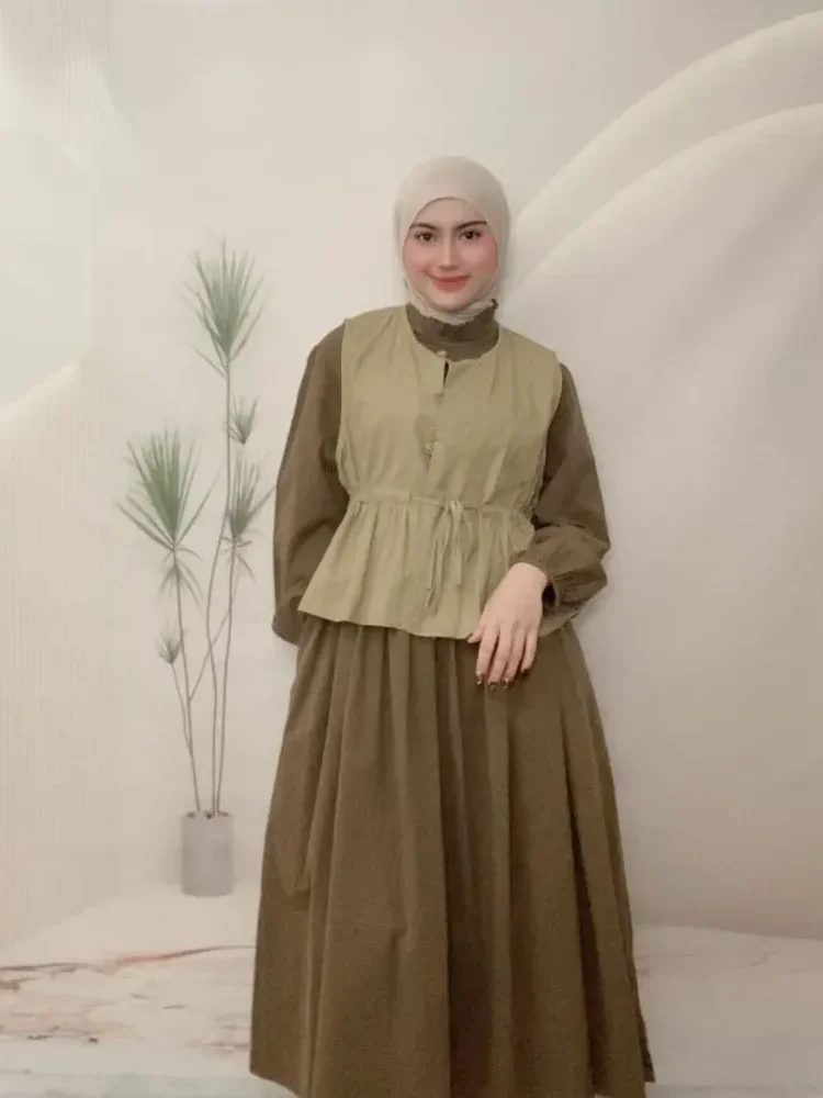CHICMORE Setelan gaya manis dengan rompi pinggang serut dan gaun lengan panjang