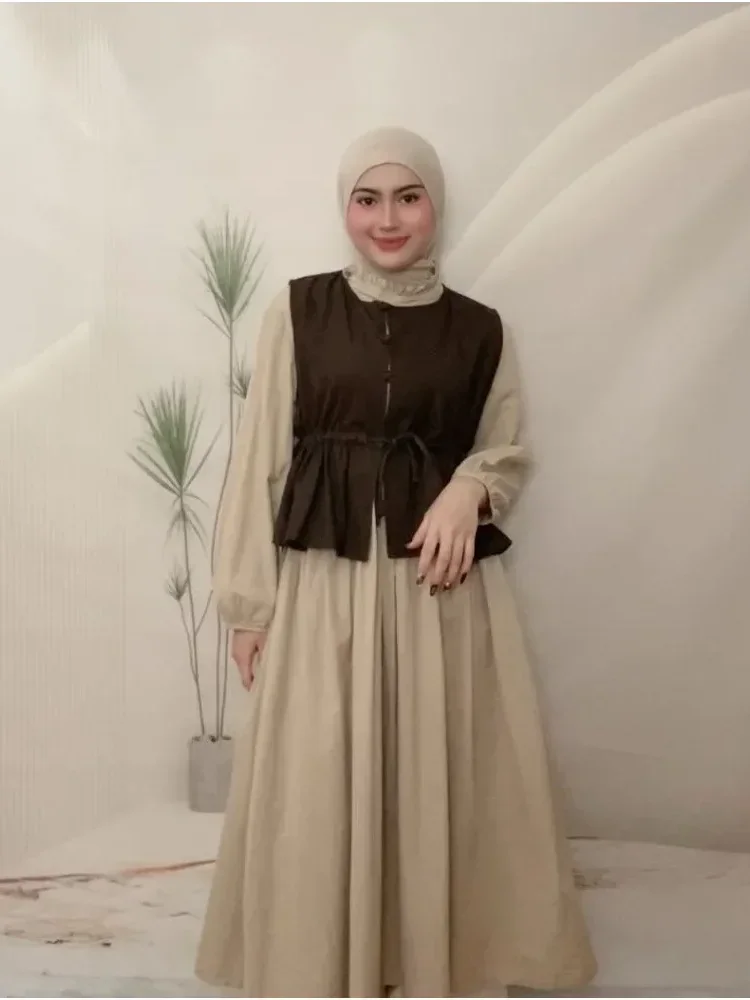 CHICMORE Setelan gaya manis dengan rompi pinggang serut dan gaun lengan panjang