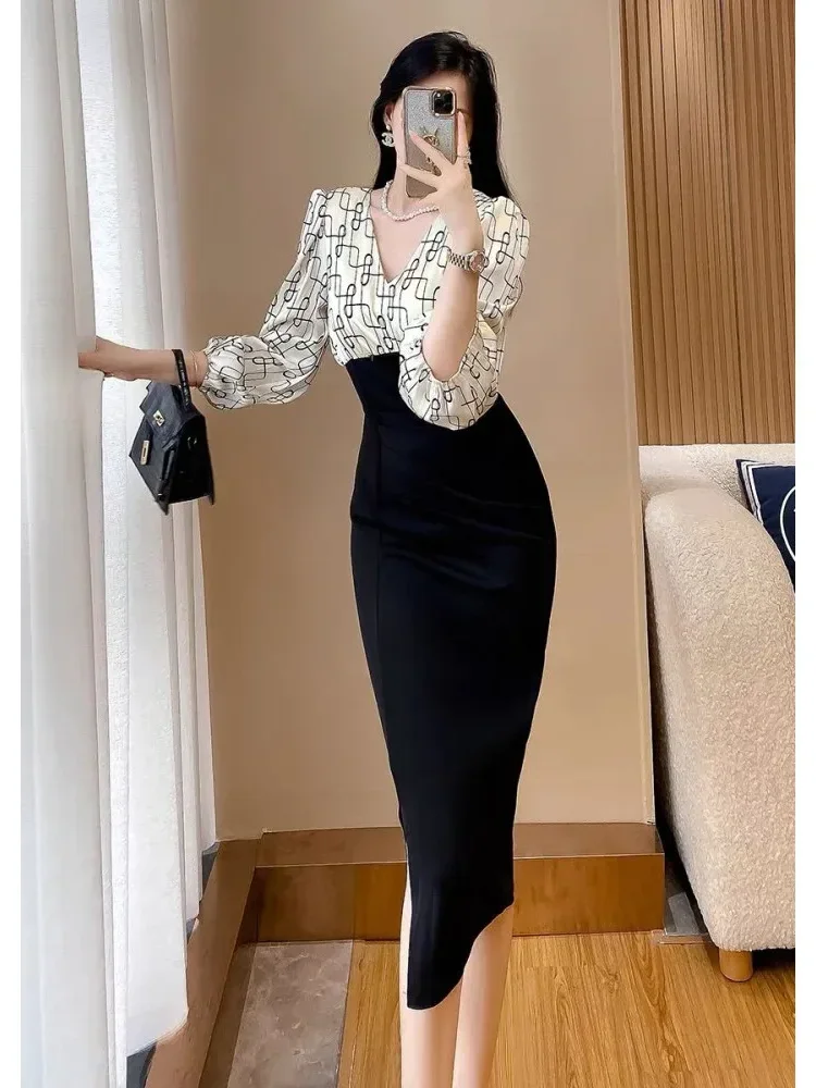 FADFAD Gaun elegant motif print ramping untuk wanita lengan panjang dengan kerah v gaya casual modis