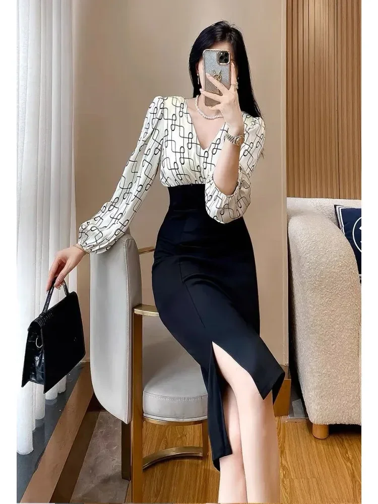 FADFAD Gaun elegant motif print ramping untuk wanita lengan panjang dengan kerah v gaya casual modis