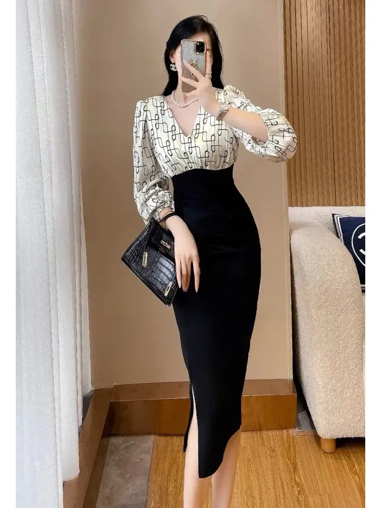 FADFAD Gaun elegant motif print ramping untuk wanita lengan panjang dengan kerah v gaya casual modis