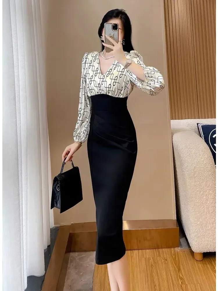 FADFAD Gaun elegant motif print ramping untuk wanita lengan panjang dengan kerah v gaya casual modis