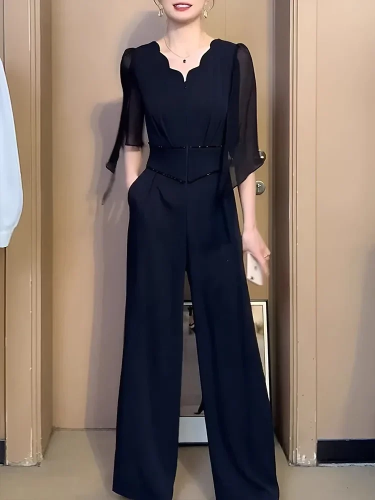 [DISKON KILAT]FADFAD Jumpsuit pakaian musim panas wanita gaya baru jumpsuit kaki lebar hitam ramping