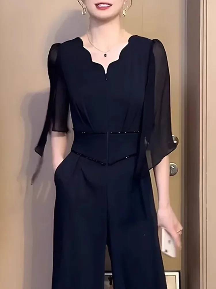[DISKON KILAT]FADFAD Jumpsuit pakaian musim panas wanita gaya baru jumpsuit kaki lebar hitam ramping