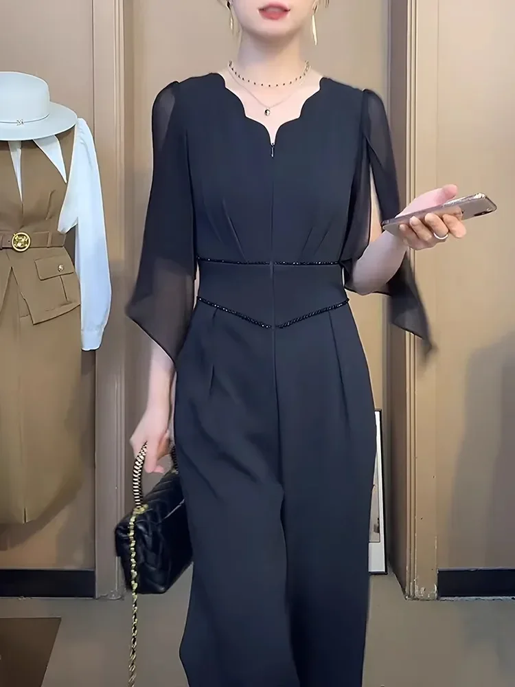 [DISKON KILAT]FADFAD Jumpsuit pakaian musim panas wanita gaya baru jumpsuit kaki lebar hitam ramping