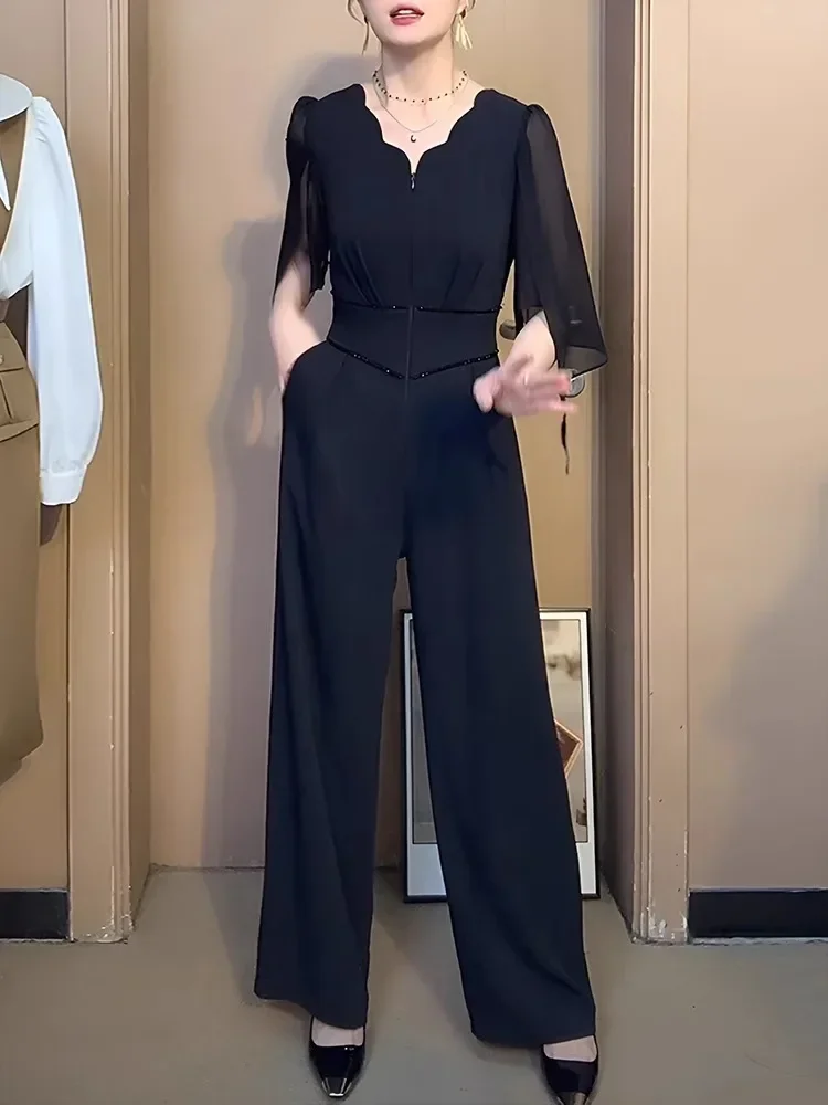 [DISKON KILAT]FADFAD Jumpsuit pakaian musim panas wanita gaya baru jumpsuit kaki lebar hitam ramping