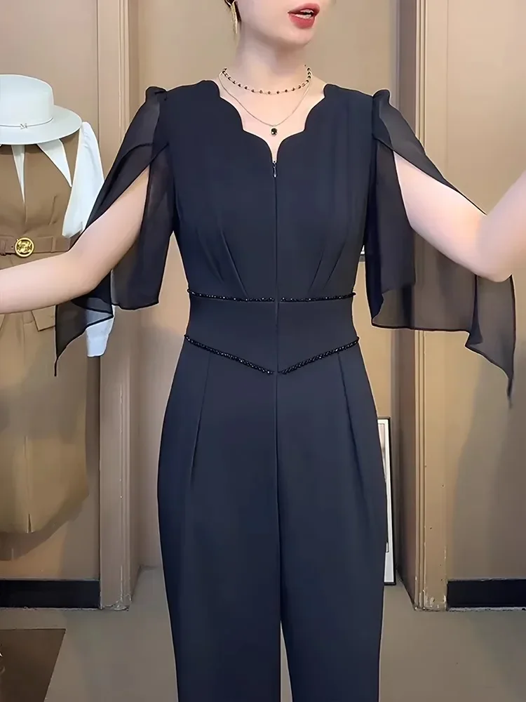 [DISKON KILAT]FADFAD Jumpsuit pakaian musim panas wanita gaya baru jumpsuit kaki lebar hitam ramping