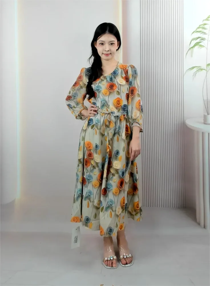 ASAYA Gaun lengan tengah bermotif modis dan elegan