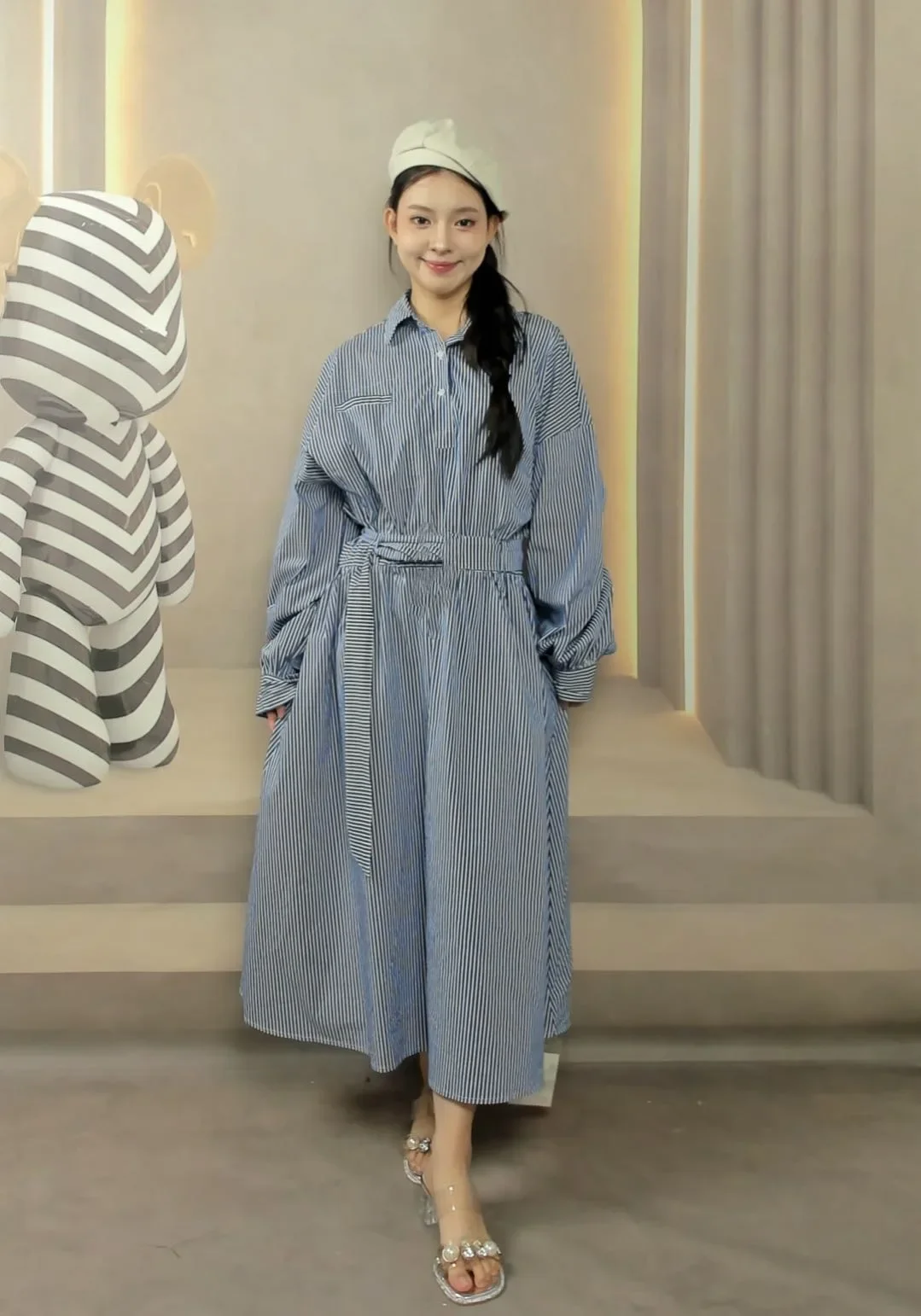 [DISKON KILAT]CHICMORE (jasmine live exclusive)【ready stock】fadfad - gaun kemeja wanita lengan panjang motif garis - kerah kemeja stylish & tali pinggang elegan - desain unik, nyaman dipakai untuk santai & pergi