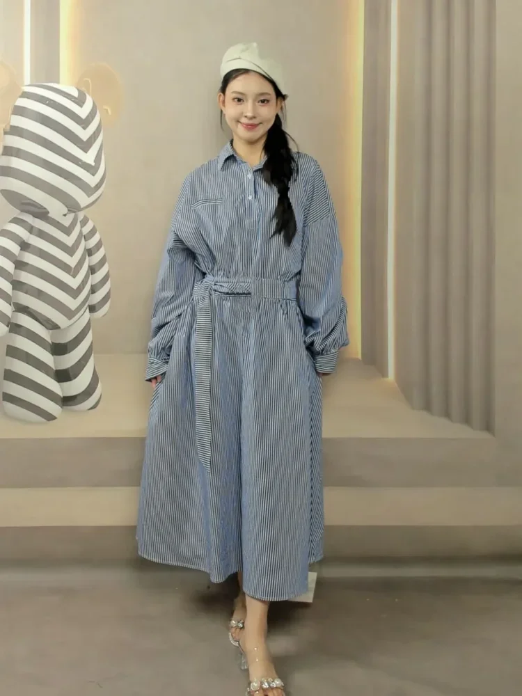 [DISKON KILAT]CHICMORE (jasmine live exclusive)【ready stock】fadfad - gaun kemeja wanita lengan panjang motif garis - kerah kemeja stylish & tali pinggang elegan - desain unik, nyaman dipakai untuk santai & pergi