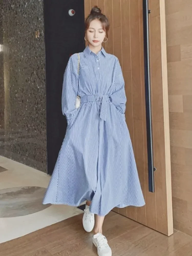 [DISKON KILAT]CHICMORE (jasmine live exclusive)【ready stock】fadfad - gaun kemeja wanita lengan panjang motif garis - kerah kemeja stylish & tali pinggang elegan - desain unik, nyaman dipakai untuk santai & pergi