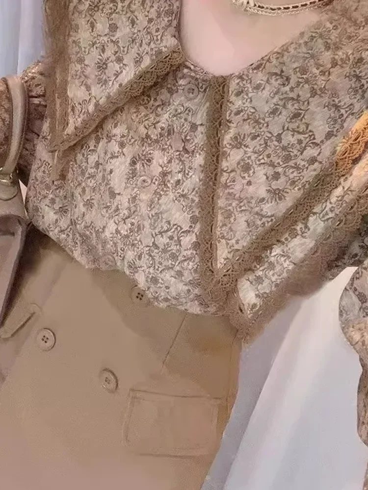CHICMORE Atasan longgar kemeja kerah boneka bunga retro perancis lengan panjang chic untuk wanita