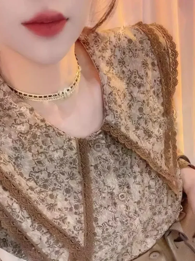 CHICMORE Atasan longgar kemeja kerah boneka bunga retro perancis lengan panjang chic untuk wanita