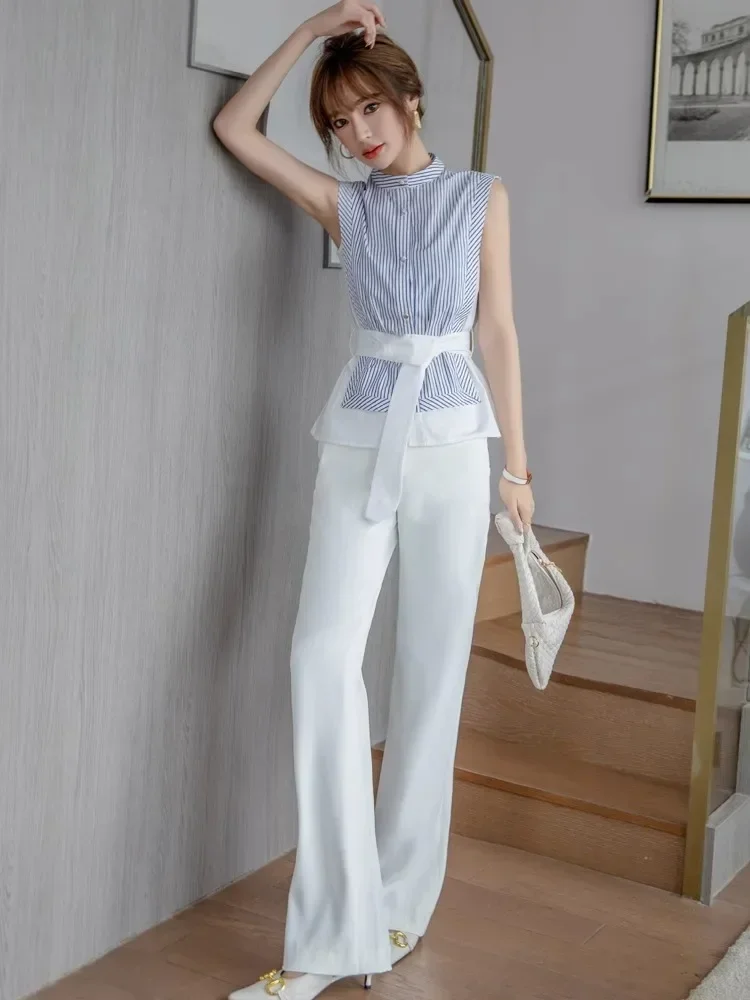 [DISKON KILAT]FADFAD Setelan untuk wanita kemeja tanpa lengan + celana panjang putih forma;