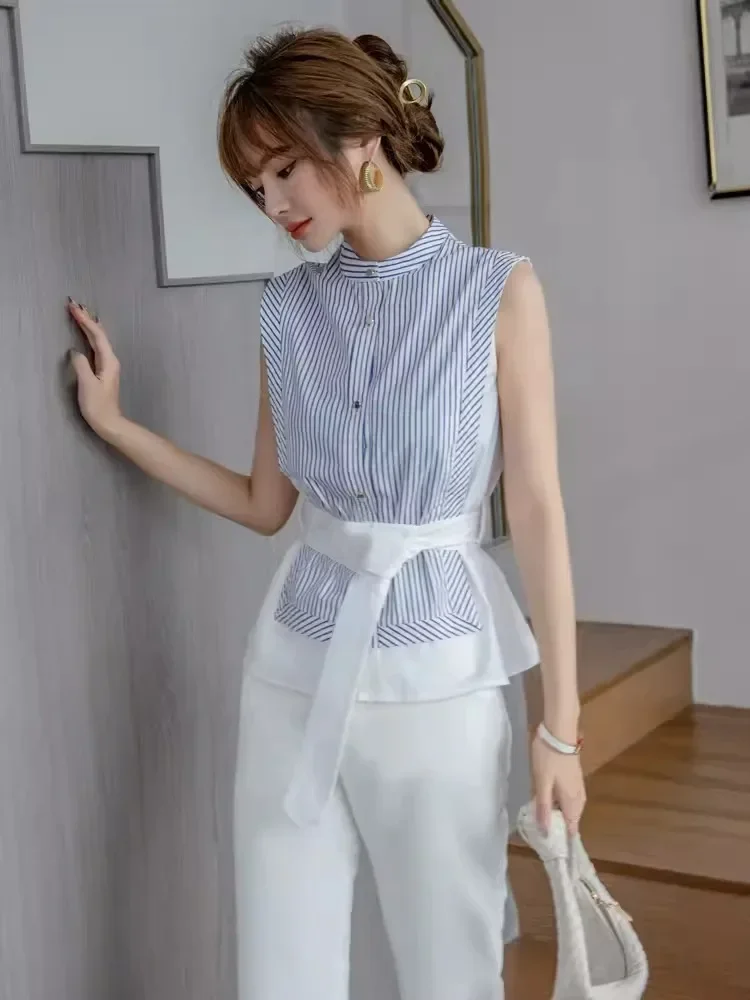[DISKON KILAT]FADFAD Setelan untuk wanita kemeja tanpa lengan + celana panjang putih forma;