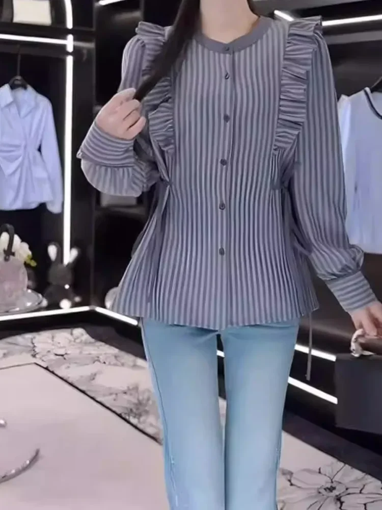 [DISKON KILAT]FADFAD Kemeja lengan panjang kerah v-neck bergaris retro untuk wanita