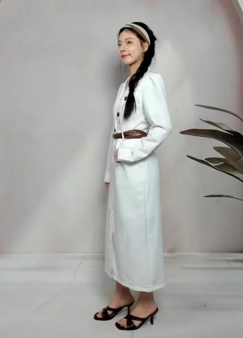 [DISKON KILAT]CHICMORE Gaun putih untuk wanita elegan lengan panjang kerah v-neck berkancing