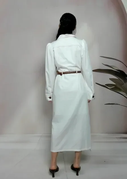 [DISKON KILAT]CHICMORE Gaun putih untuk wanita elegan lengan panjang kerah v-neck berkancing