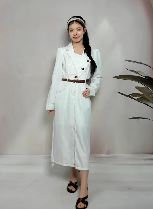 [DISKON KILAT]CHICMORE Gaun putih untuk wanita elegan lengan panjang kerah v-neck berkancing