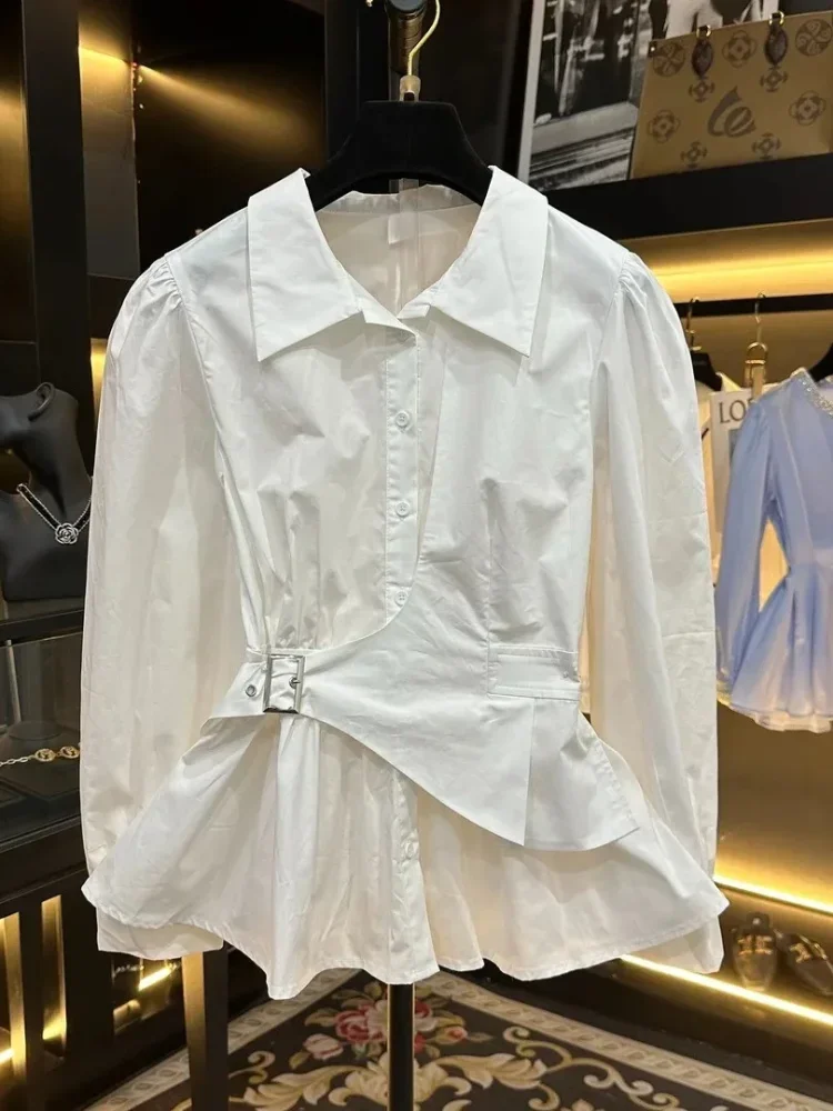 [DISKON KILAT]FADFAD Kemeja lengan panjang pinggang ikat tidak beraturan elegan untuk wanita