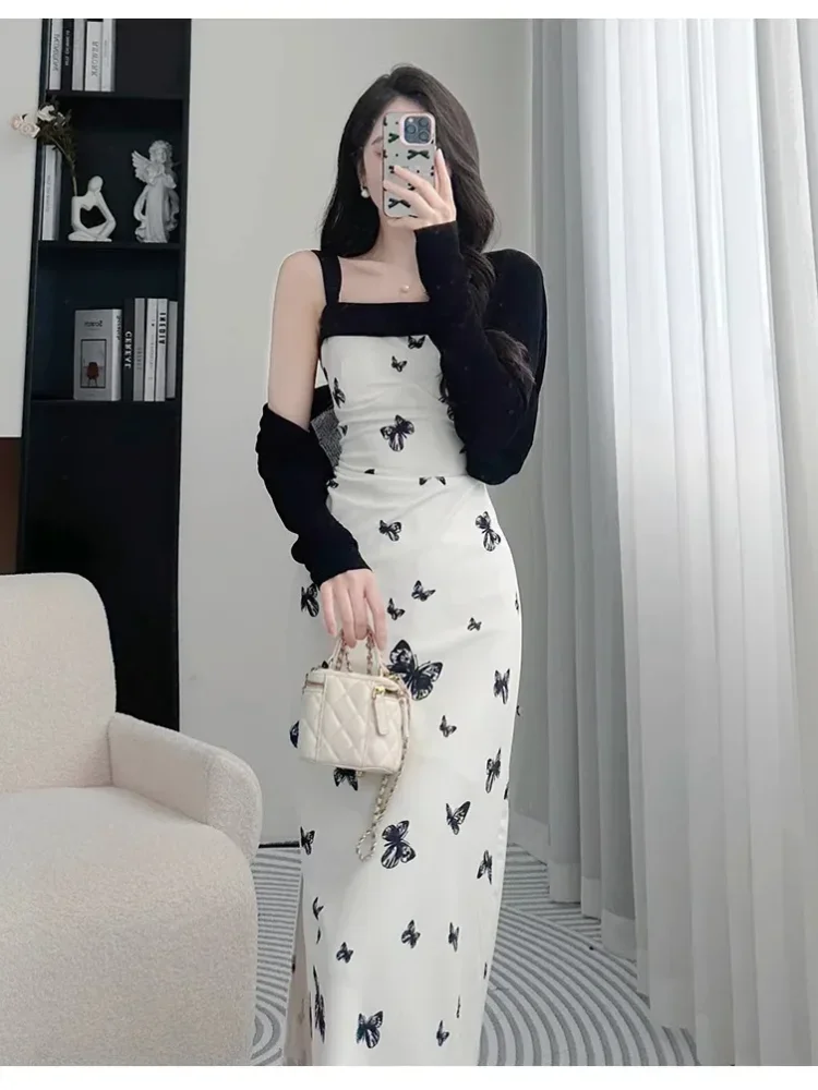 [DISKON KILAT]FADFAD Gaun panjang suspender ramping setelan kardigan rajutan gaya liburan untuk wanita set dua potong