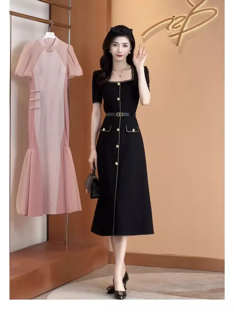 FADFAD Gaun wanita elegan panjang midi lengan pendek hitam solid