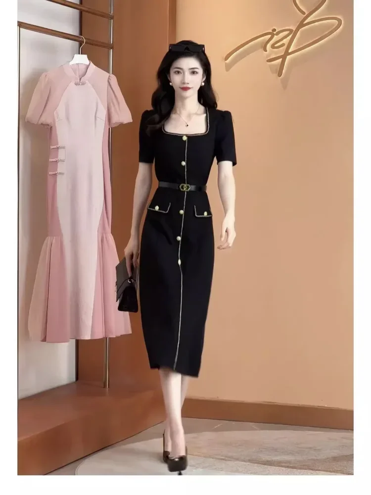 FADFAD Gaun wanita elegan panjang midi lengan pendek hitam solid