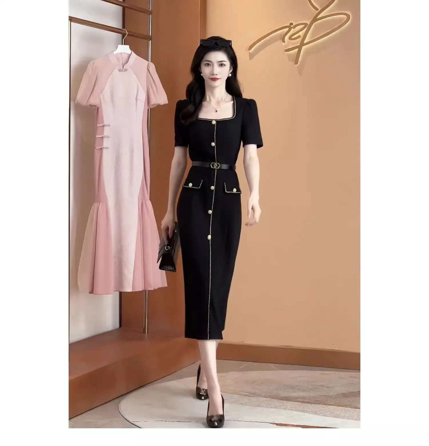 FADFAD Gaun wanita elegan panjang midi lengan pendek hitam solid