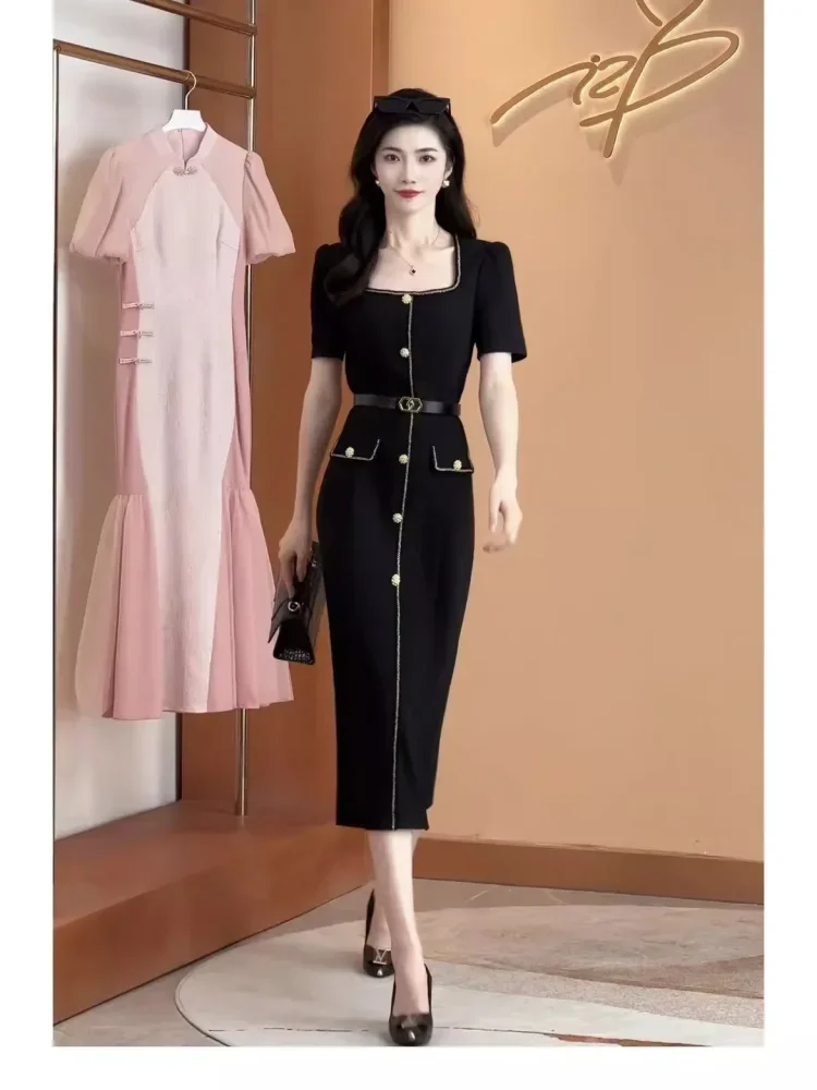FADFAD Gaun wanita elegan panjang midi lengan pendek hitam solid