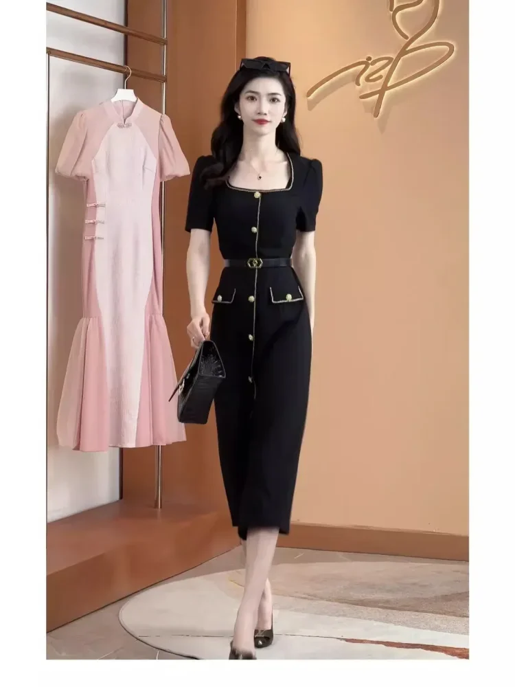 FADFAD Gaun wanita elegan panjang midi lengan pendek hitam solid