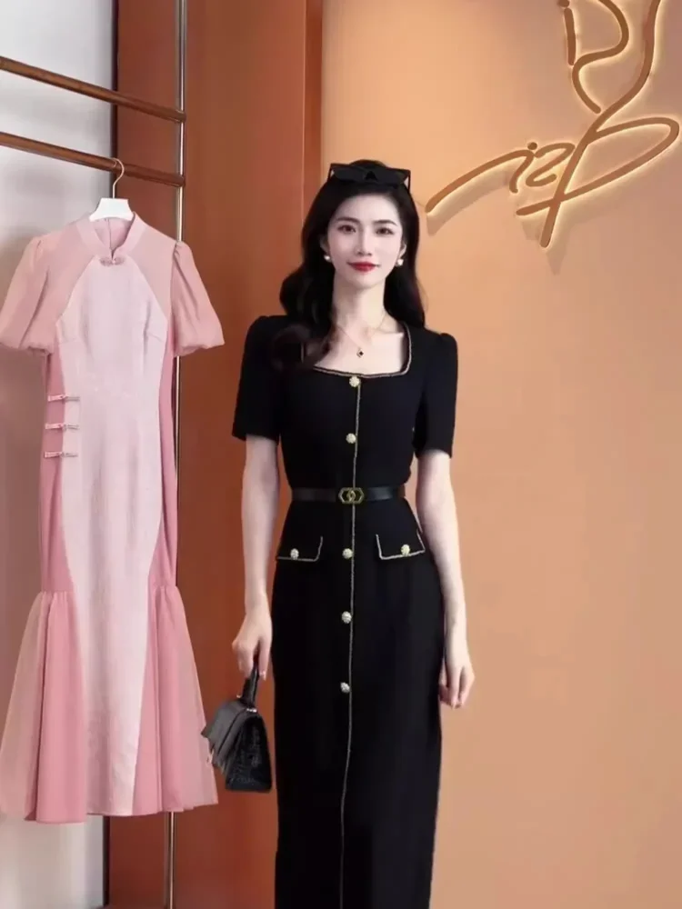 FADFAD Gaun wanita elegan panjang midi lengan pendek hitam solid