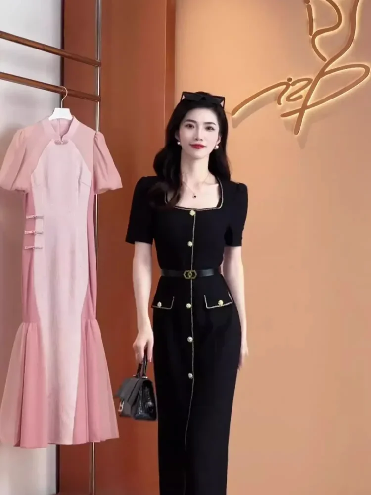 FADFAD Gaun wanita elegan panjang midi lengan pendek hitam solid
