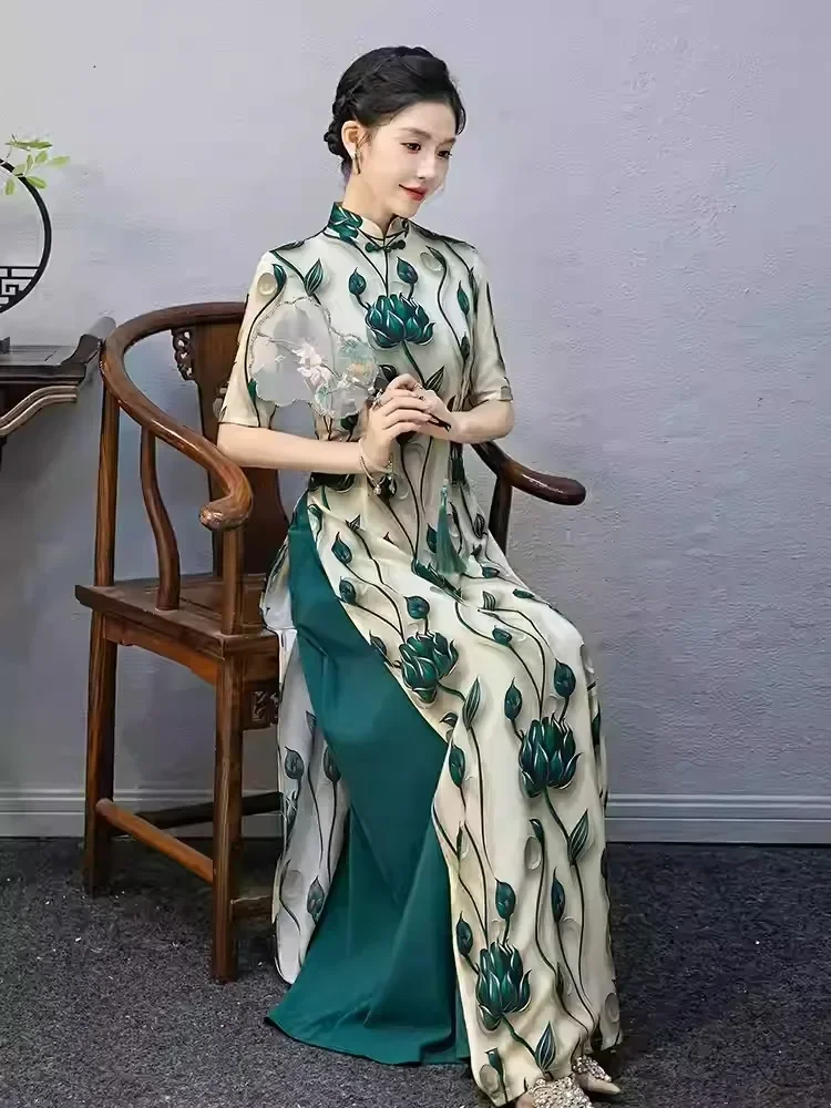FADFAD Gaun cheongsam rok panjang warna hijau tua berlengan pendek untuk wanita
