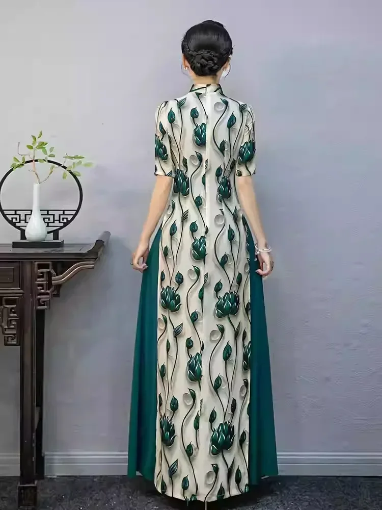 FADFAD Gaun cheongsam rok panjang warna hijau tua berlengan pendek untuk wanita