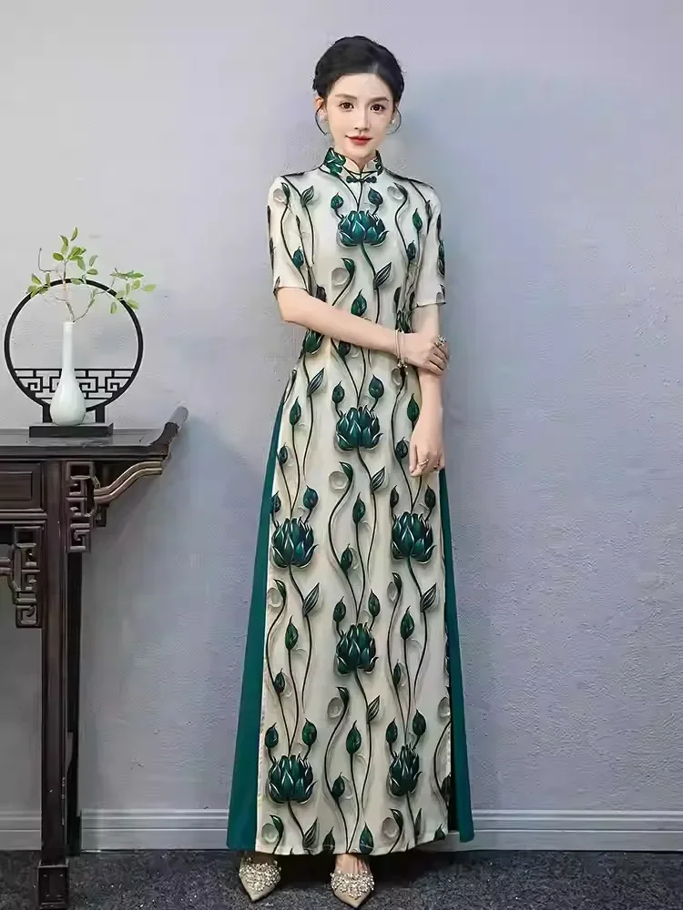 FADFAD Gaun cheongsam rok panjang warna hijau tua berlengan pendek untuk wanita