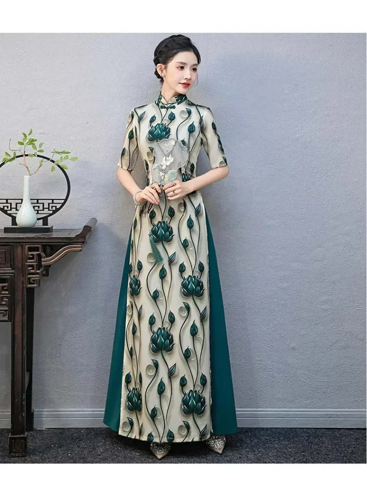 FADFAD Gaun cheongsam rok panjang warna hijau tua berlengan pendek untuk wanita