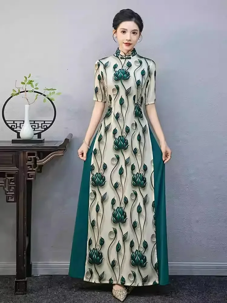 FADFAD Gaun cheongsam rok panjang warna hijau tua berlengan pendek untuk wanita
