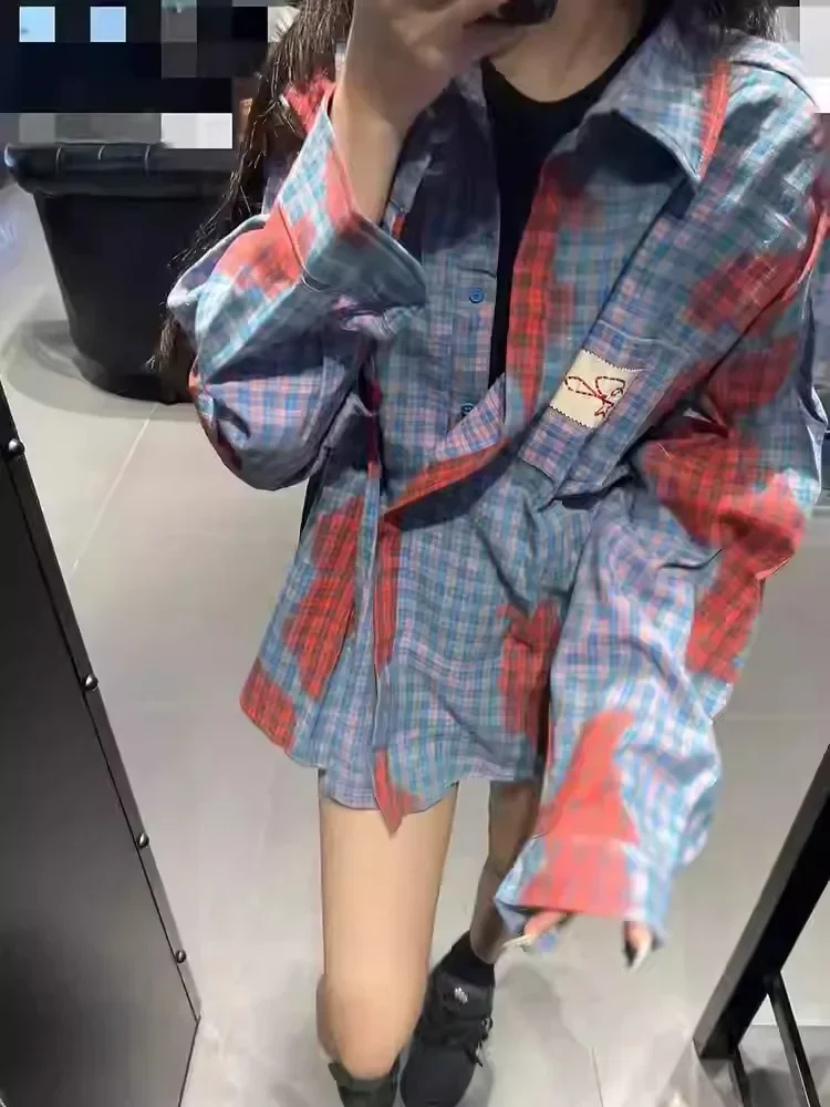 [DISKON KILAT]CHICMORE Atasan kemeja kotak-kotak warna kontras untuk wanita desain chic retro longgar ramping lengan panjang tren