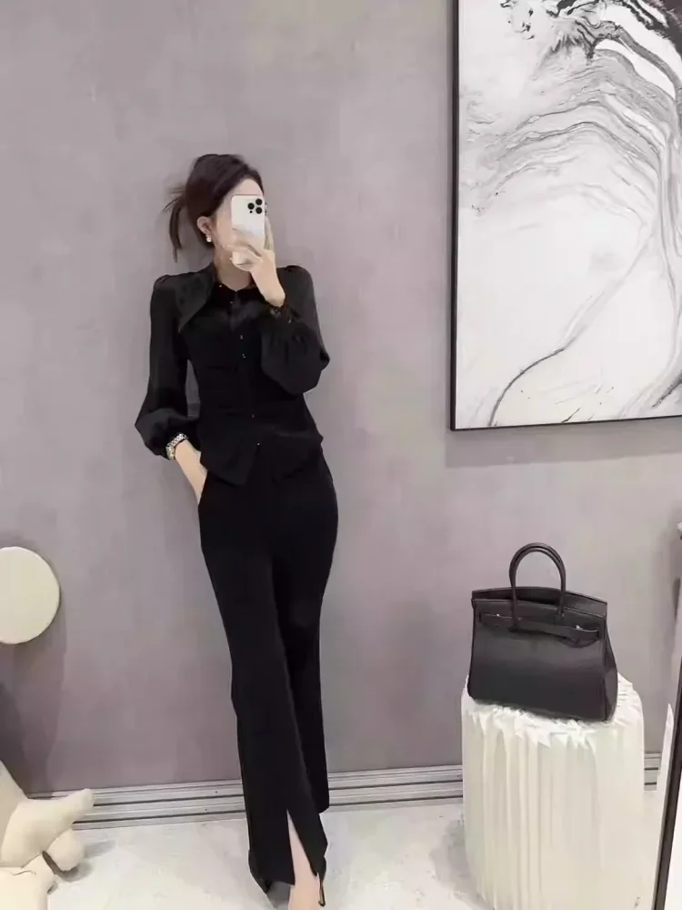 [DISKON KILAT]FADFAD Jumpsuit elegan celana panjang lengan panjang tinggi pinggang warna hitam berkerah untuk wanita gaya modis