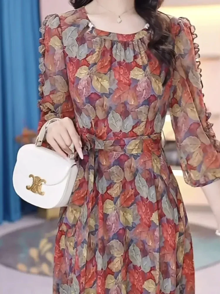 FADFAD Gaun rok elegan motif bunga pinggang ramping dengan lengan panjang dan terdapat variasi tali pinggang